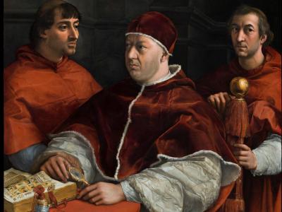 Raffaello Sanzio - Ritratto di Leone X con i cardinali Luigi de'Rossi e Giulio de'Medici, olio su tavola, Gallerie degli Uffizi, Galleria Palatina ed Appartamenti reali